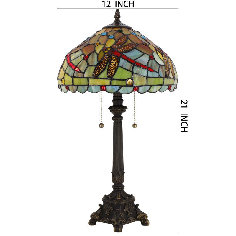 Tiffany Table Lamp Green Red Stained Glass Desk Lamp 12X12X21 Inches Dragonfly Style Reading Light