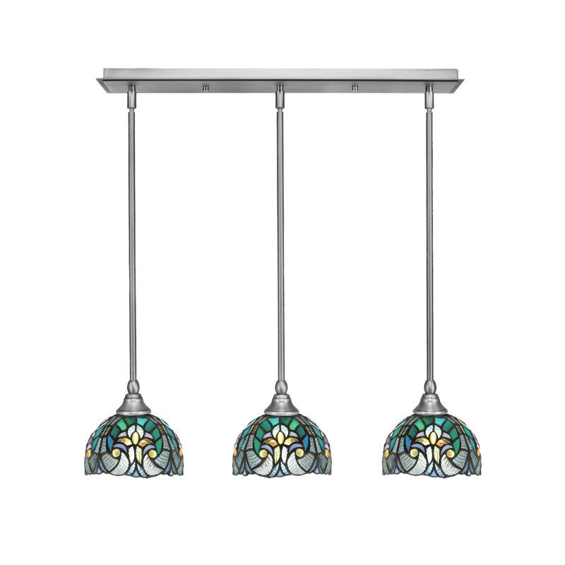 Luminaire suspendu linéaire à 3 lumières suspendu au fini nickel brossé avec verre d'art cyprès turquoise de 7 po