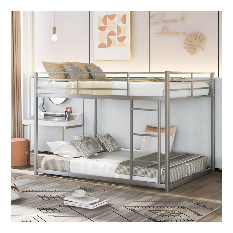 Full Over Full Metal Bunk Bed, Low Bunk Bed With Ladder, Silver