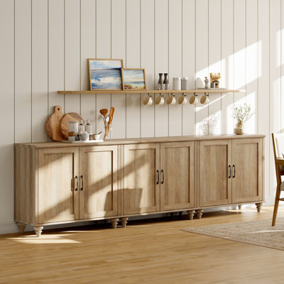 Corretta Sideboard Cabinet With Bar Hutch, 102" Farmhouse Sideboard Credenza For Dining Room, Modern Kitchen Buffet Cabinet, Large Storage Cabinet With Wooden Doors, Oak