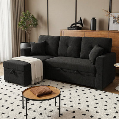 L-Shaped Sectional Sofa Bed with Pull-Out Bed, Reversible Chaise & Hidden Storage, Breathable Polyester Fabric Sleeper Sofa, Space-Saving Convertible Couch for Living Room