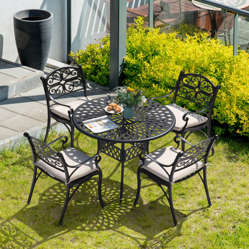 Patio 5 Pieces Cast Aluminum Dining Set With Umbrella Hole And Cushions, Beige