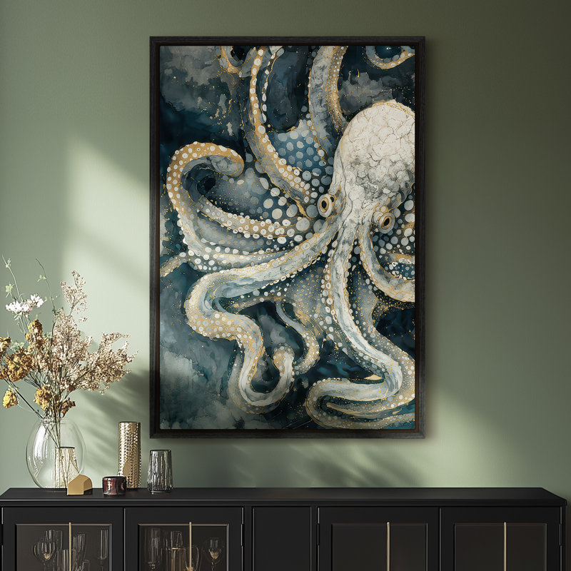 Art mural encadré sur toile - Pieuvre rétro aux couleurs de l'océan profond - 16 po x 24 po, 24 po x 36 po, 36" H x 24" W