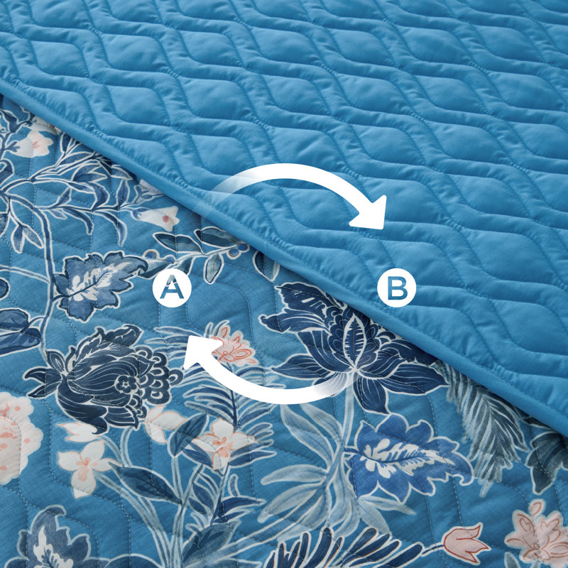 Couvre-lit Literie Floral - édredon réversible à motif floral bleu, couvre-lit léger et matelassé en microfibre