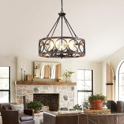 Luminaire de salle à manger de 21 po / lustre au-dessus de la table, lustres de ferme à 5 lumières noir et grain de bois pour la salle à manger, luminaire suspendu industriel en métal pour vestibule de vestibule d'îlot de cuisine