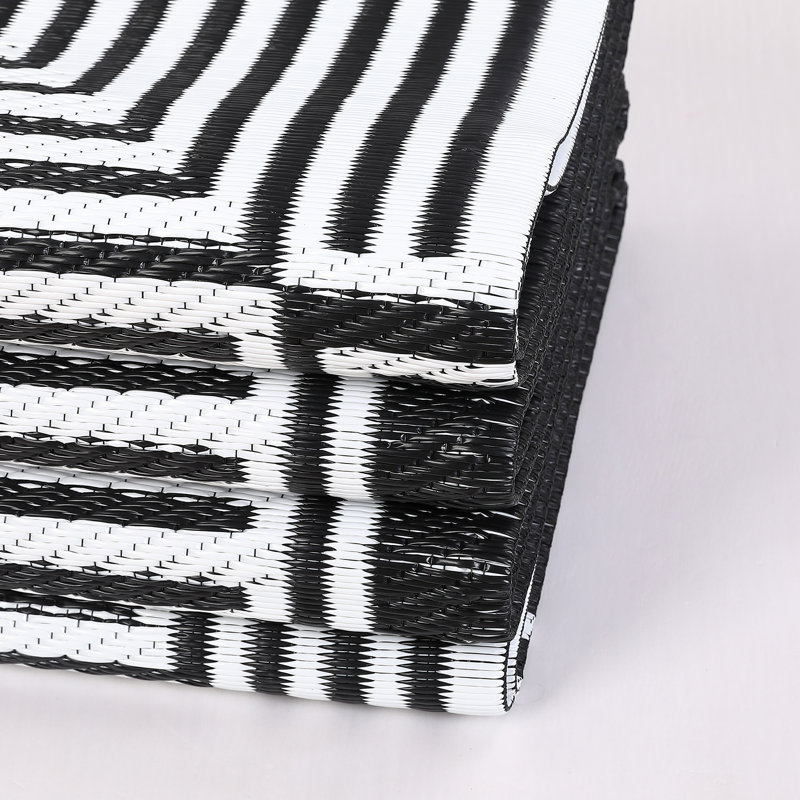Tapis de paille géométriques imperméables réversibles en plastique pour véranda, Black, Rectangle 9' x 12'