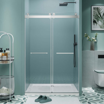 Frameless Double Sliding Shower Door, Soft-Close Shower Screen, 5/16" (8Mm) Clear Tempered Glass With Explosion-Proof Film, Dual Stainless Steel Door Handles