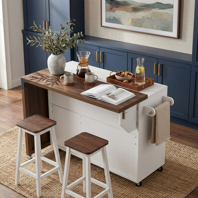 102.3" Wide Extendable Kitchen Island with Rolling Cart, Trash Storage Cabinet and 3-Tier Pull-Out Spice Rack, Mobile Dining Table for Kitchen, Dining Room, White