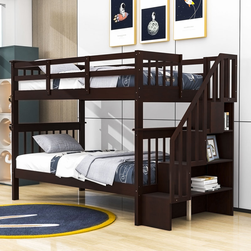 Olivarria Kids Twin Over Twin Wood Bunk Bed with Shelves, Espresso