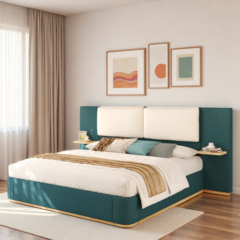 Lit plateforme tapissier avec tablettes, Vert/blanc, Grand lit