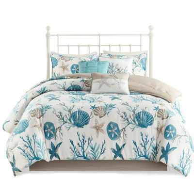 Édredon 7 pièces en coton pour très grand lit - avec coquillages imprimés, étoiles de mer, coraux et imprimé luxueux