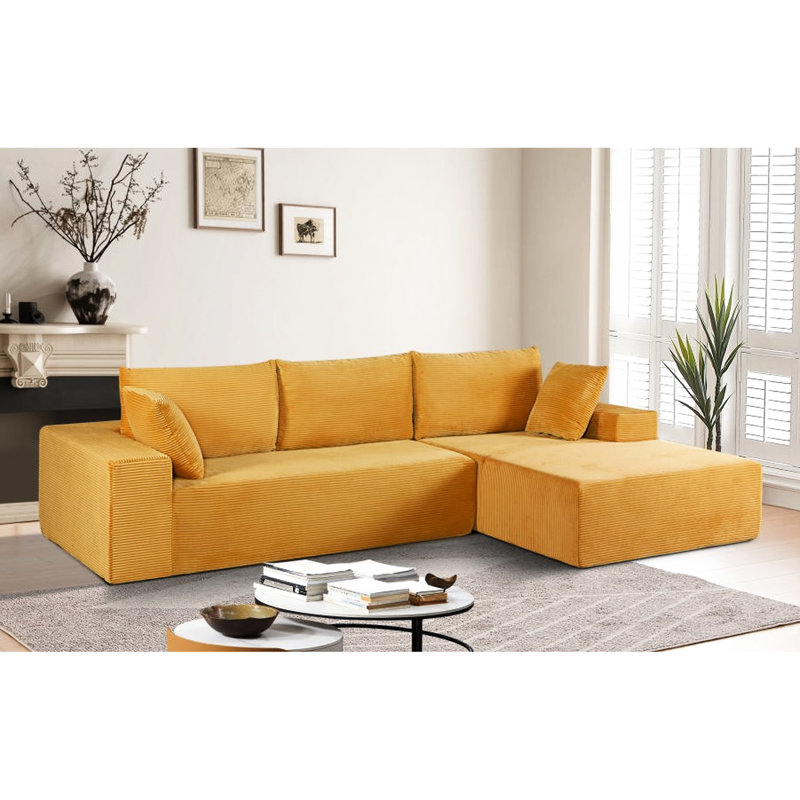 Canapé modulaire convertible, confortable à 4 places en velours côtelé doux jaune gingembre, canapé-lit avec rembourrage en mousse complète, pour des espaces de vie flexibles, orienté vers la droite, aucune zone de canapé en velours côtelé ne nécessitant d'assemblage,