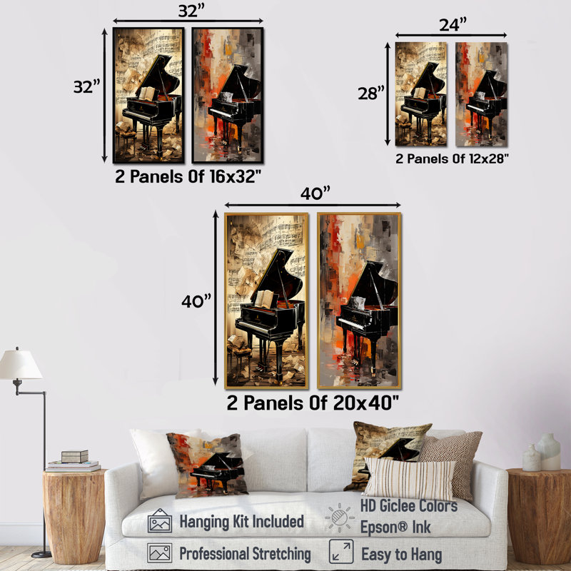 Classical Black Piano Sonata I - Music Piano, ensemble de 2 reproductions d'art sur toile, Cadre flottant doré