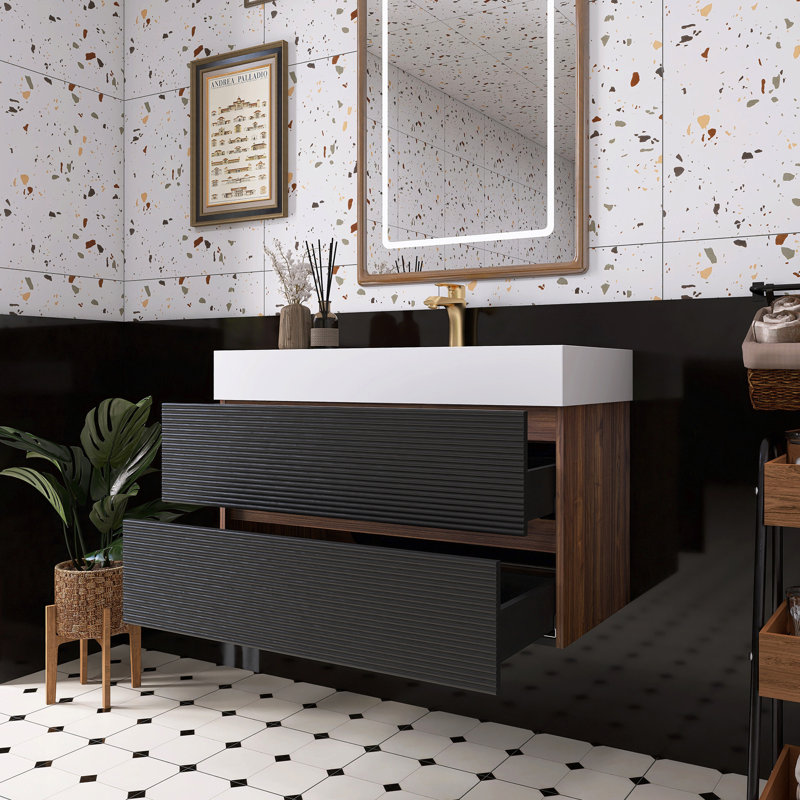 Meuble-lavabo en noyer avec lavabo à surface solide blanc brillant, 36"