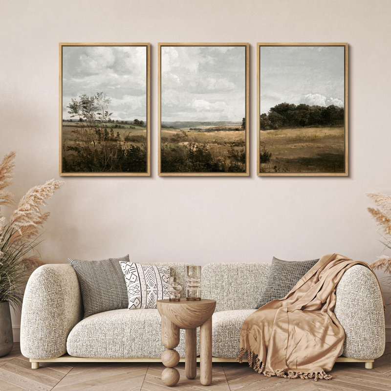 «Rustic Fields Tranquil Countryside Landscape Nature Wilderness Illustration Decor Panoramic Earth», 3 pièces sur toile
