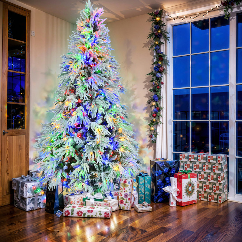 Arbre de Noël pré-éclairé enneigé, arbre de Noël articulé artificiel avec 350 lumières DEL multicolores, 8 modes de clignotement et 1389 pointes de branches de neige