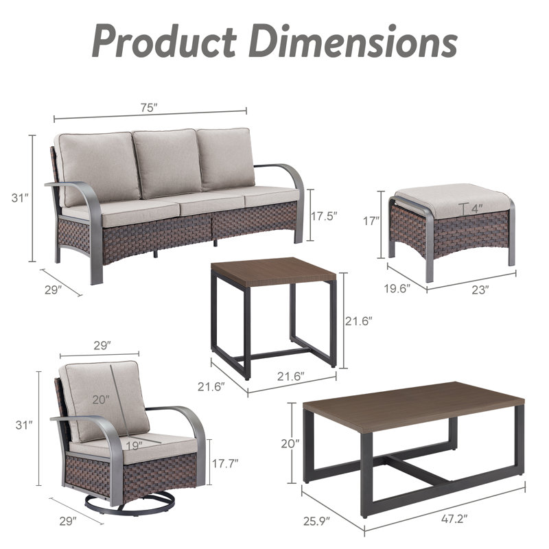 Bobra 6 Pieces Outdoor Backyard Furniture Set With Swivel Chairs, Beige