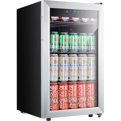 Kalamera Mini Beverage Refrigerator Freestanding - 102 Cans Capacity Beer Cooler For Soda Water Wine - Stainless Steel Glass Door With White Interior Light - For Kitchen Bar