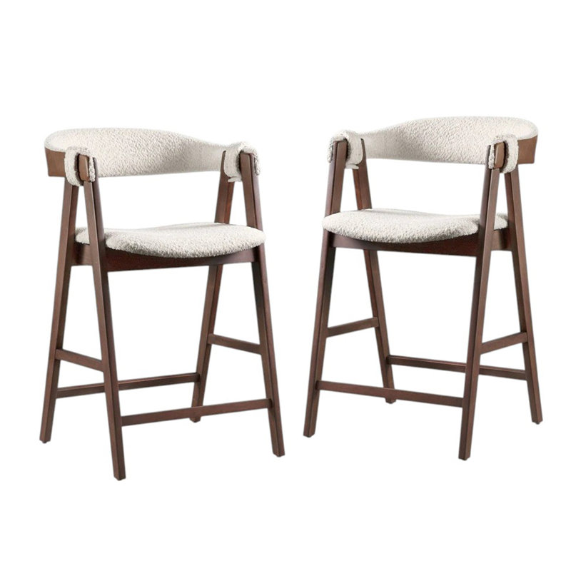 Set Of 2 Boucle Upholstered Counter Height Stools In Walnut And Beige
