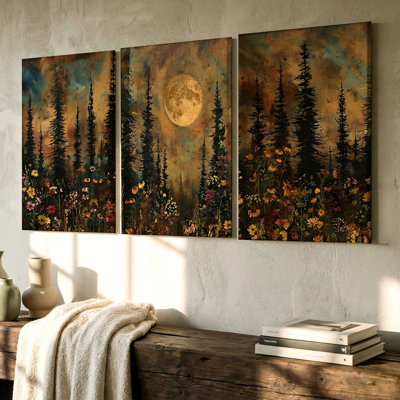 3 Pieces Moonlit Forest with Wildflowers Large Wall Art, Three Pieces Wall Art for Living Room, Bedroom, and Office Decor, Ready to Hang, Framed Look