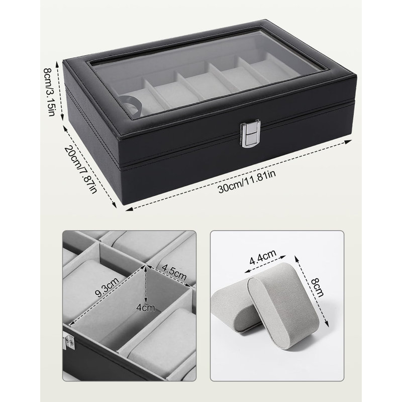 Leather Watch Box +, Black/Grey, 8cm x 30cm x 20cm