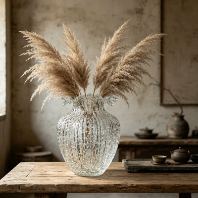 Handmade Glass Flower Vase With Luminous Glow Effect, Waves Mouth Design, Vintage Decorative Vase For Rustic Farmhouse Home Decor, Centerpiece For Living Room, Dining Room, Fireplace, Shelf