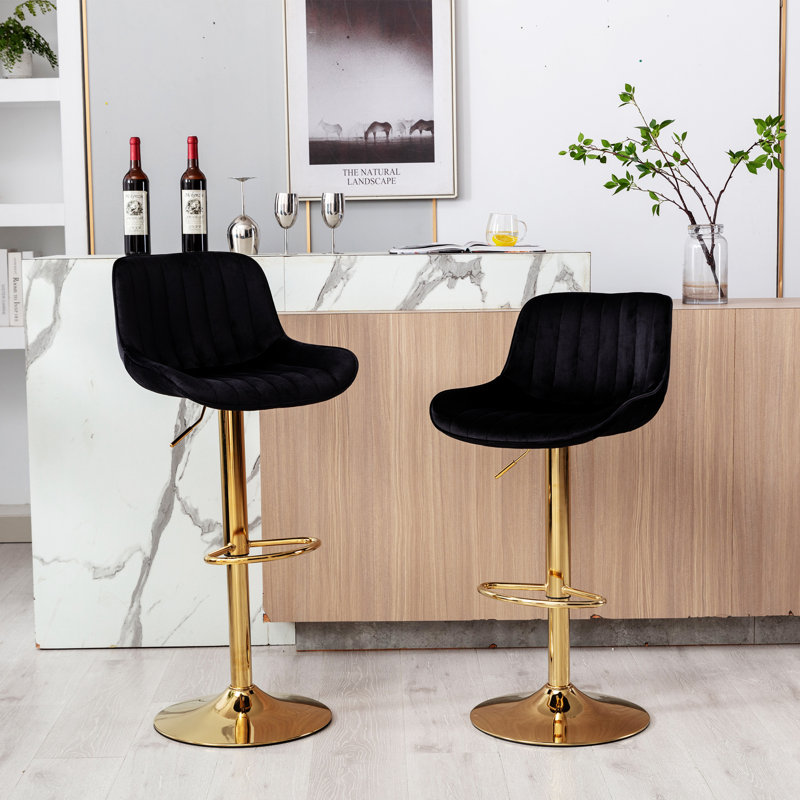 Set of 2 Swivel Bar Stools with Chrome Footrest and Base, Black