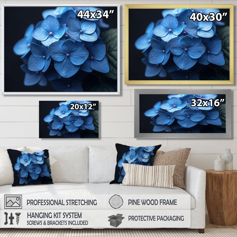 Blue Black Nocturnal Nirvana Hydrangea - Hydrangea Wall Art, 12" H x 20" W, Black Single Picture Framed