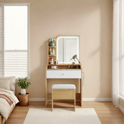 Small Vanity Table Set With Lights & Mirror, Storage Drawer, 3 Shelves And Chair - Wooden Makeup Desk by Ebern Designs