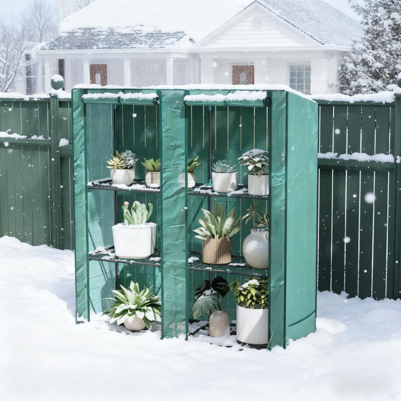 Serre Lean-to-Portable avec tablettes à trois niveaux, structure en acier et deux portes enroulables, Vert