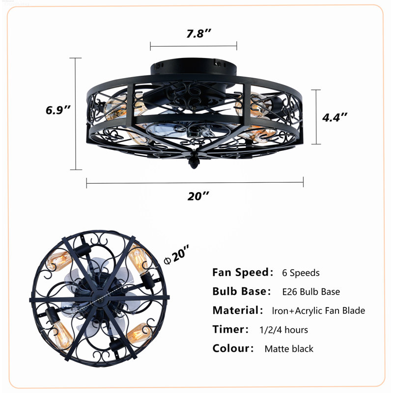 Classic American 20" Ceiling Fans with Lights Reversible 6-Speed DC Motor Remote Control Matte Black, Matte Black
