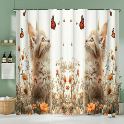 2pcs Cute Cat Shower Curtain 72Wx72H Inch Funny Anime butterfly and Daisy Asian Style Animal Shower Curtain Bathroom Set Traditional Floral Waterproof Bath Decoration Accessories Home Decor