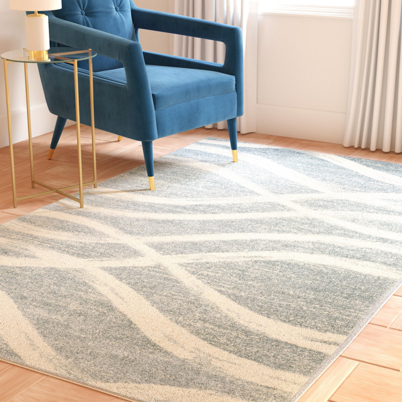 Tapis performance abstrait Shelva, Rectangle 6 pi x 9 pi, Cream/Slate Blue