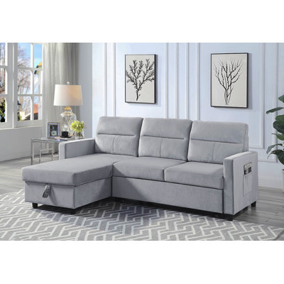 Ruby 81.5" Light Gray Velvet Reversible Sleeper Sectional Sofa With Storage Chaise And Side Pocket