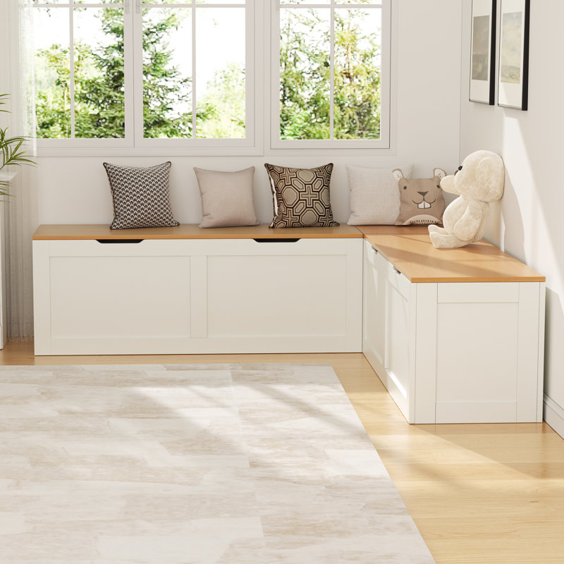 Stylish L-Shaped Storage Bench for Kitchen Breakfast Nook, White/Light Wood