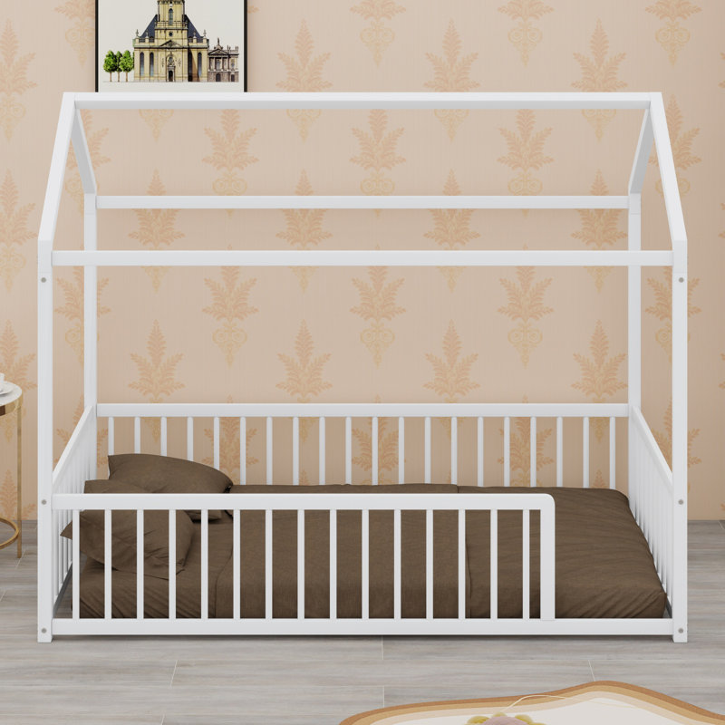Lit sur pied Montessori avec conception de maison et clôture de protection, Lit simple, Blanc