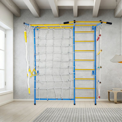 7 in 1 Indoor Playground Laddeer Wall Gym With Monkey Bars,Rope Ladder,Rope Wall, Pull-up Bar, Wall Ladder, Rope, And Gymnastic Rings