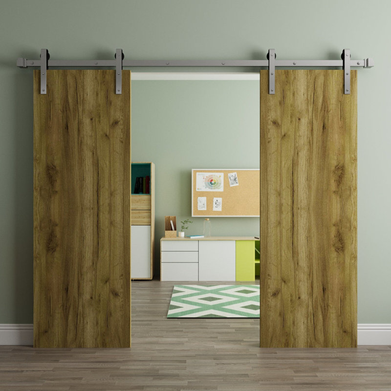 Modern Barn Door - ESSENTIAL 8001 - 6.6FT Rail Track Heavy Hardware Set - Solid Panel Interior Doors, Antique Oak_Silver, 2