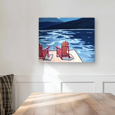 Lake Dock Mountains & Chairs - Red Coastal Metal Print Decor