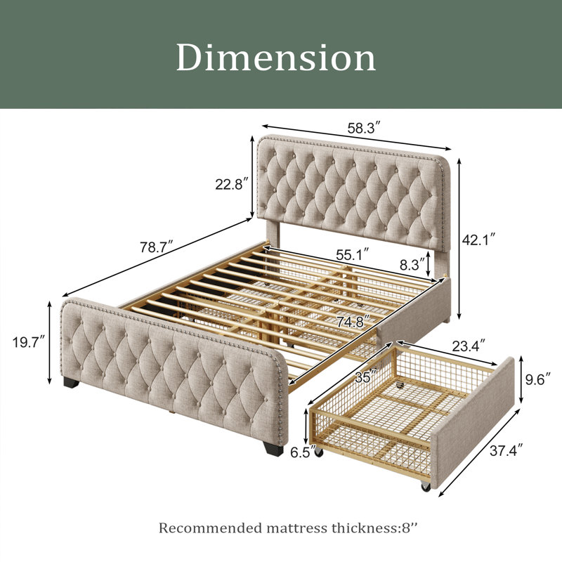 Lit plateforme tapissier avec rangement Jesley, Beige, Complète