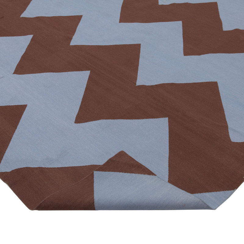 Blue & Brown Chevron Dhurrie Cotton Rug - 10' x 14'13"