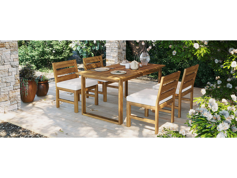 Ensemble repas d'extérieur 5 pièces avec pieds réglables, bois d'acacia, beige / naturel, convient à la cour, au jardin ou à la terrasse