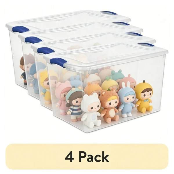Contenant de rangement en plastique transparent de 66 pintes avec couvercle transparent, loquet bleu