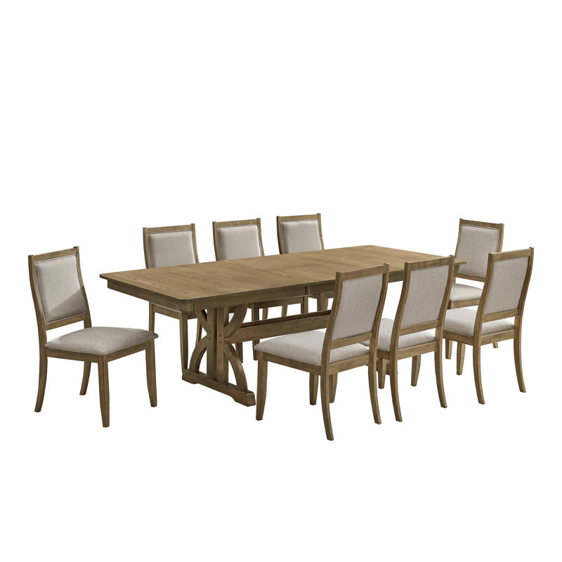 Traditional Ash Brown Wood Dining Set with Butterfly Leaf, 9 Piece