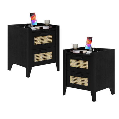 Ensemble de 2 tables de chevet avec station de recharge, 2 tables de chevet avec rangement, tables de chevet pour la chambre à coucher, table de bout pour le salon, 15,5 po x 18,9 po x 21,7 po, noir
