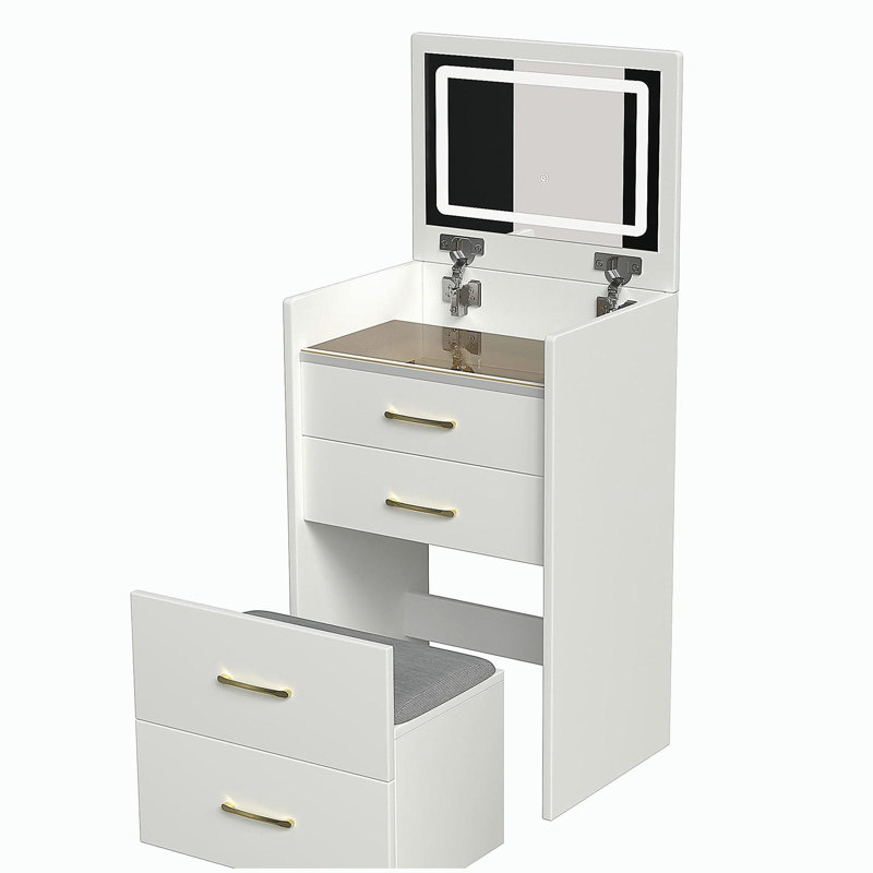 Bureau de coiffeuse 3 en 1 avec miroir ouvert, petit ensemble de coiffeuse avec bureau en verre visible, coiffeuse de maquillage compacte avec 3 tiroirs, coiffeuse pour chambre à coucher