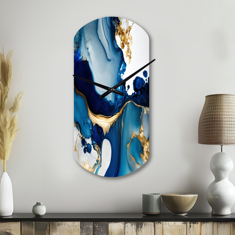 Horloge murale abstraite géométrique en marbre bleu I - horloge murale asymétrique moderne en métal, Grand
