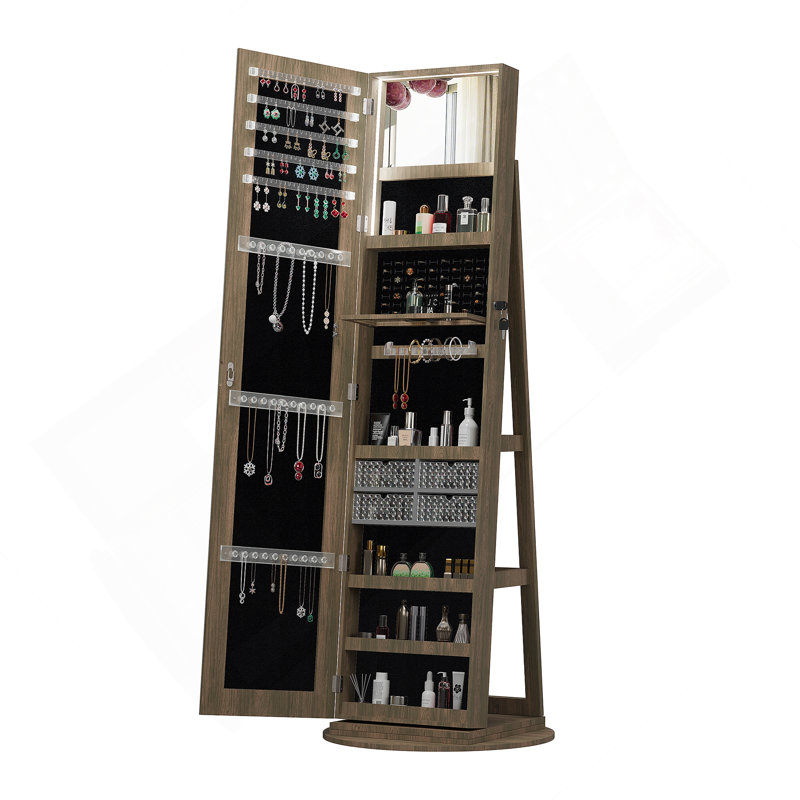 Armoire à bijoux pivotante à 360 ° avec miroir pleine longueur, Brun antique