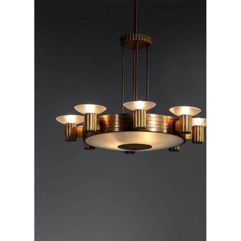Lustre géométrique clair et unique Art-Deco Romano, Bronze brossé, Fumée, 42" Length x 42" Width x 46" Height