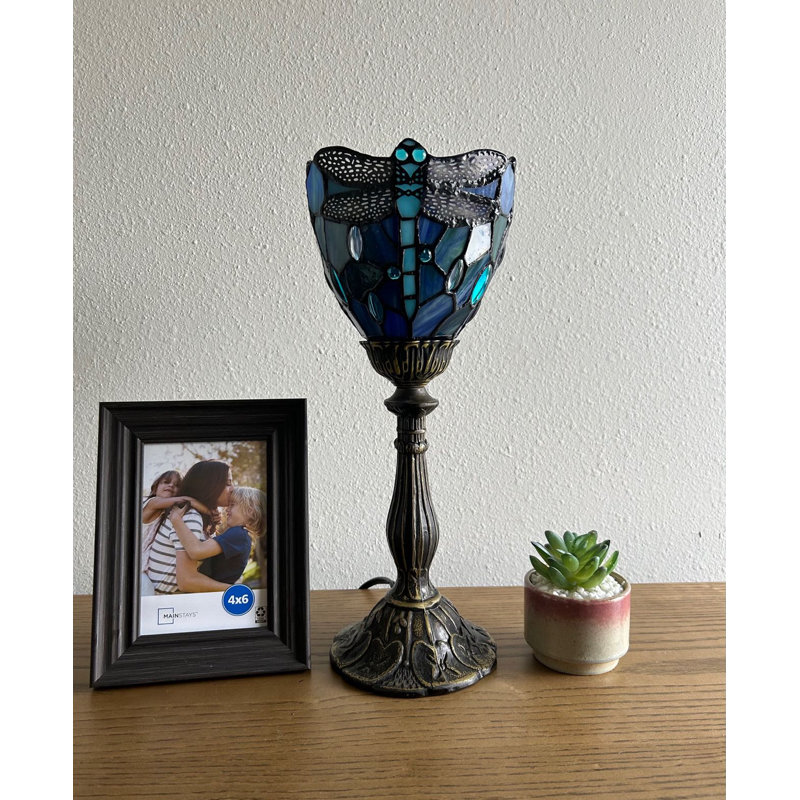 Simonetti Tiffany Torch Mini Table Lamp Dragonfly Blue Stained Glass LED Bulb Included 6"W*6"D*15"H, Blue